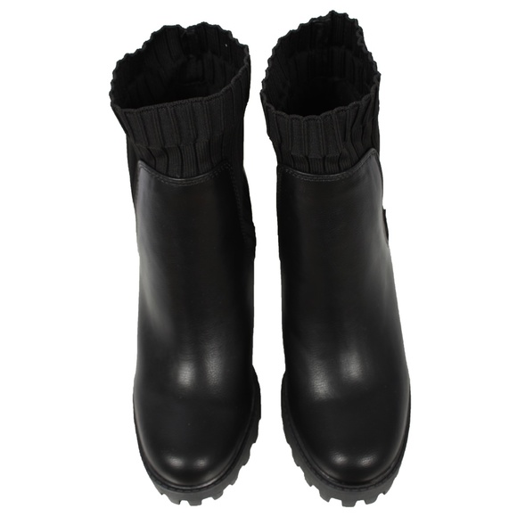 Black Round Toe Lug Platform Knit Panel Block Heel - Picture 6 of 7